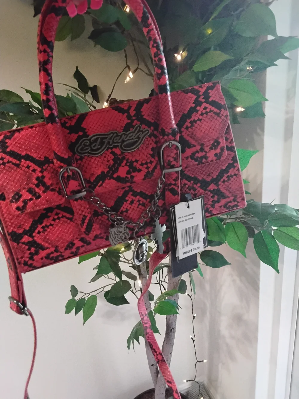 Ed Hardy Red Snake-Print Crossbody & Chaincharm